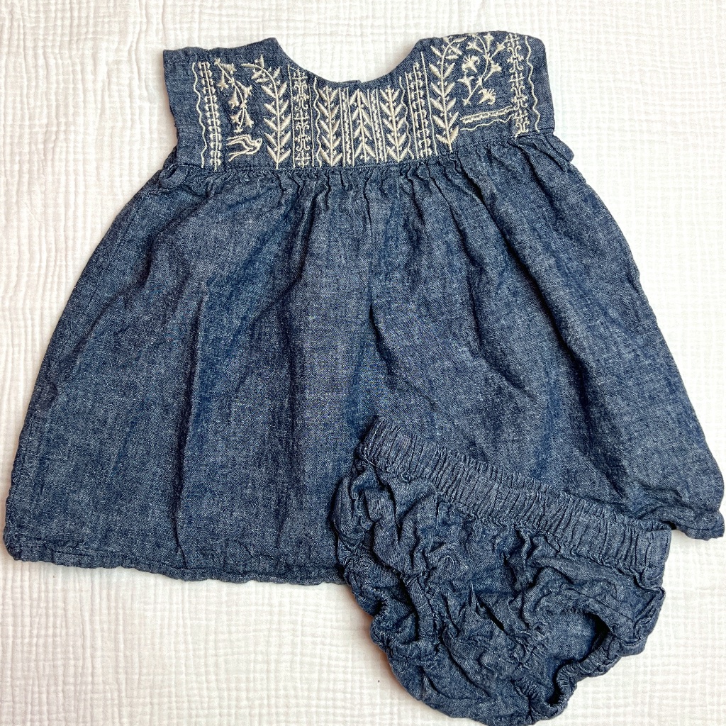 Tea Collection Sundress And Diaper Cover, Embroidered Denim, Size 9-12 Months